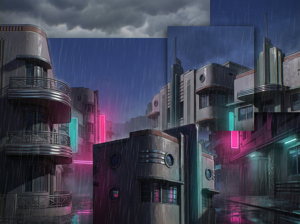 Colagem art déco · sob chuva
