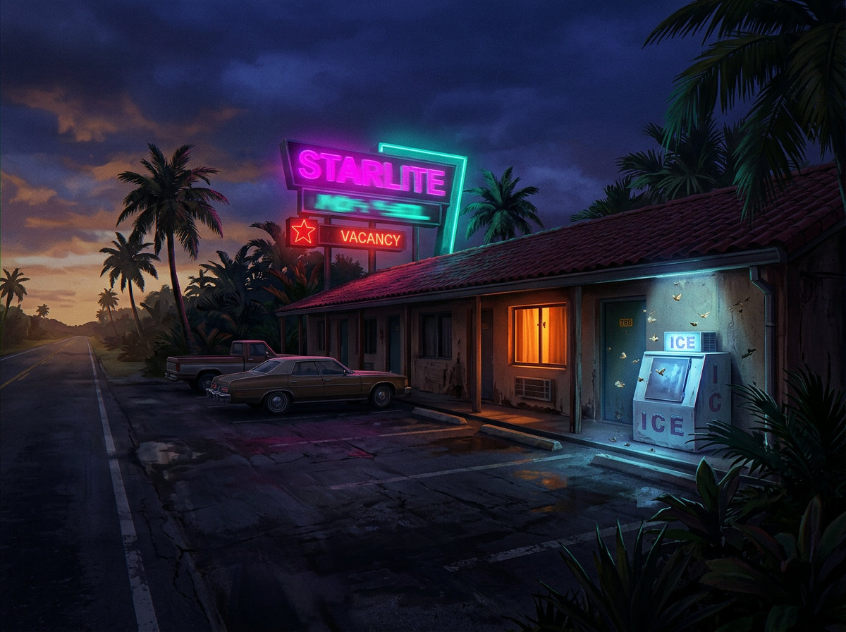 Fachada de motel · ao amanhecer