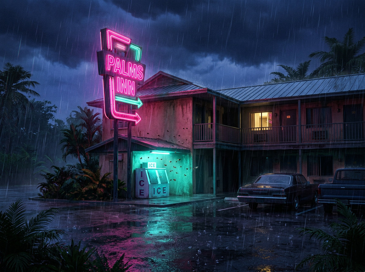 Fachada de motel · sob chuva