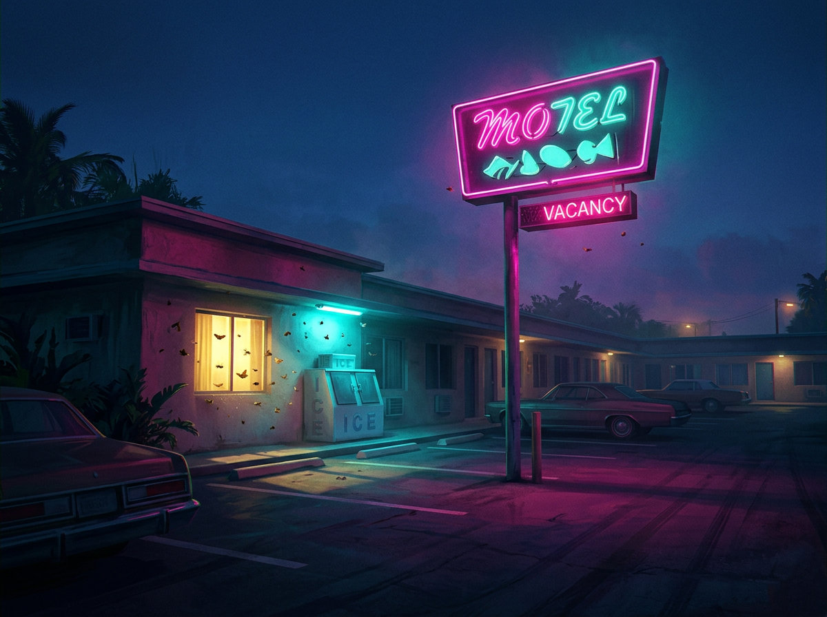 Fachada de motel · sob o neon