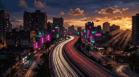 Trânsito noturno · ao entardecer