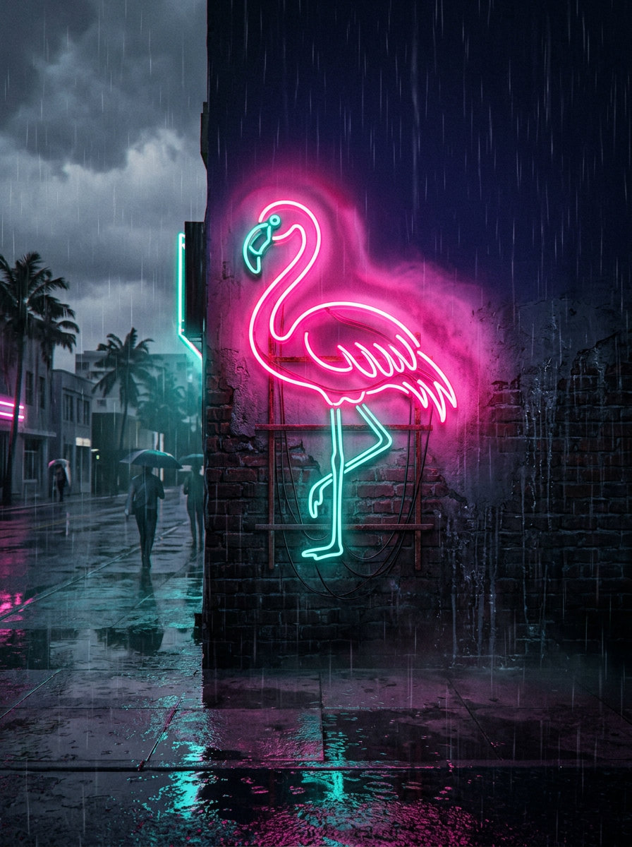Flamingo de neon · sob chuva