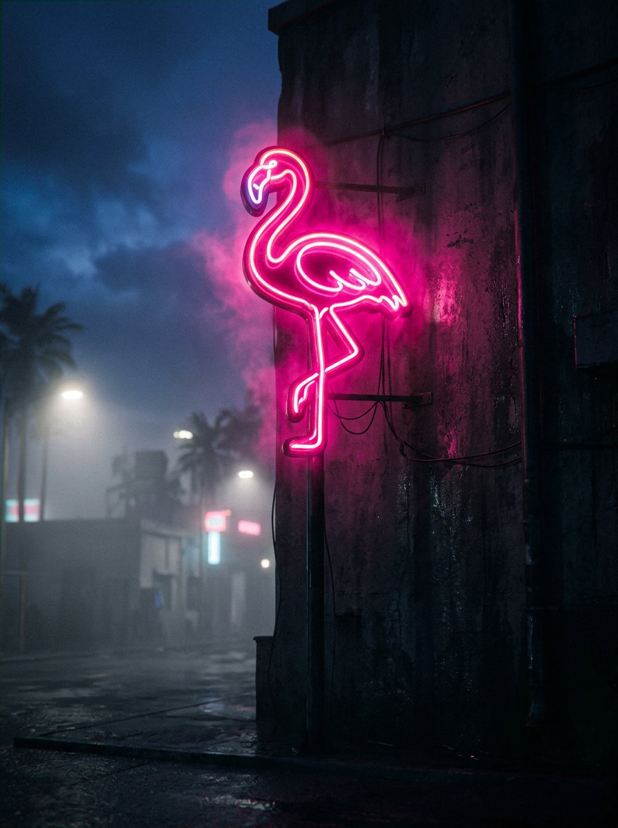 Flamingo de neon · na neblina