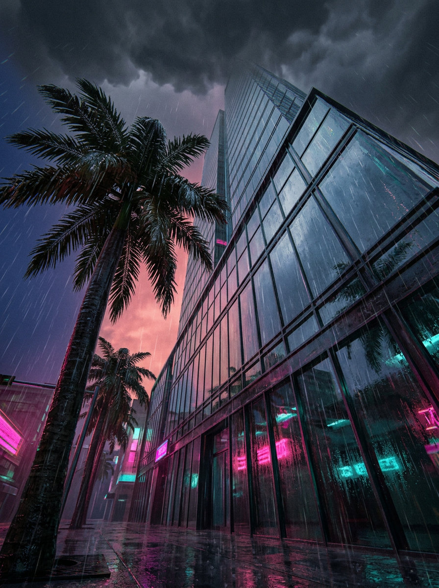 Palmeira e arranha-céu · sob chuva