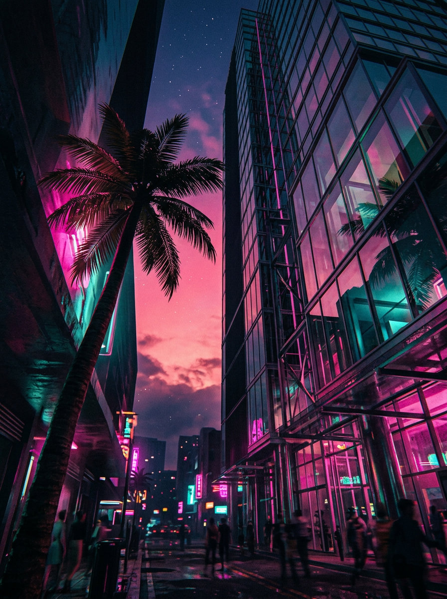 Palmeira e arranha-céu · sob o neon