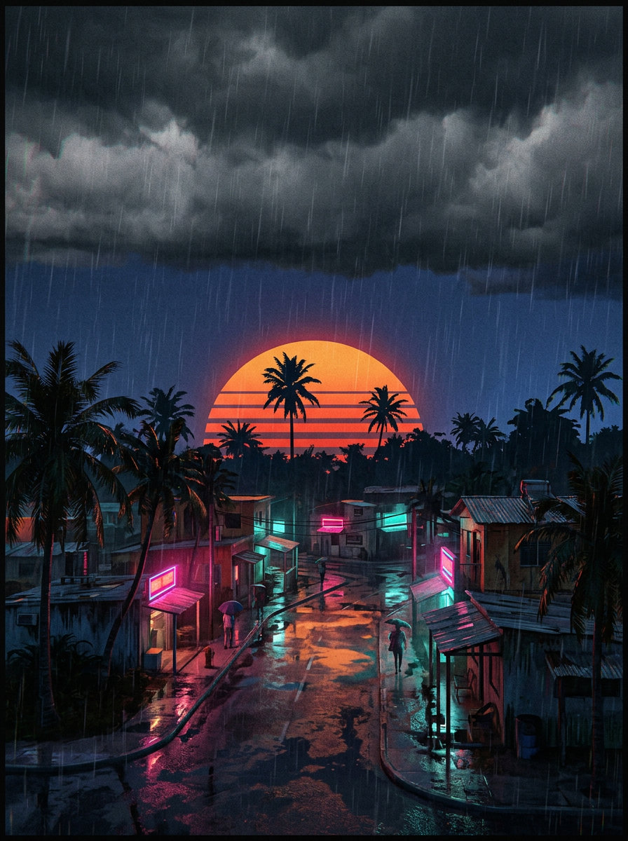 Sol de neon · sob chuva