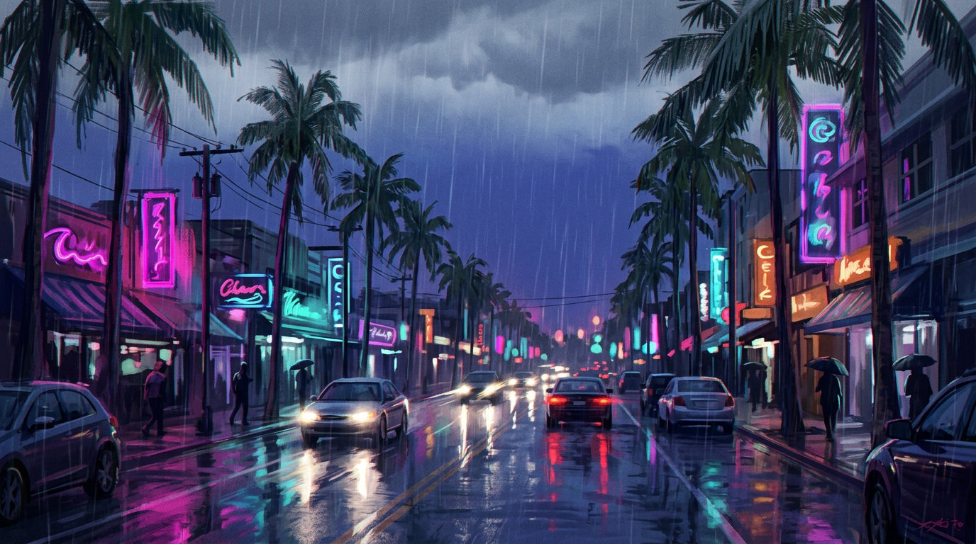 Avenida de palmeiras · sob chuva