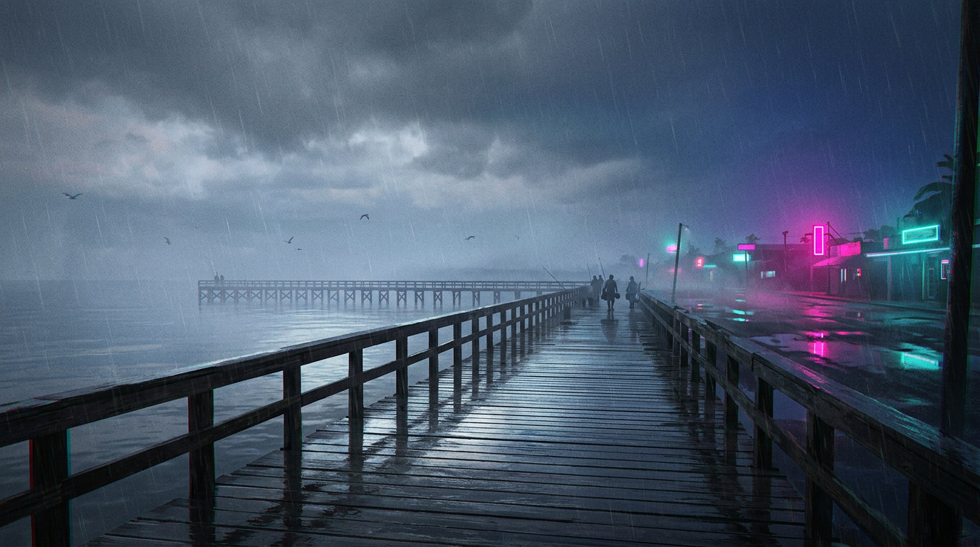 Píer ao amanhecer · sob chuva