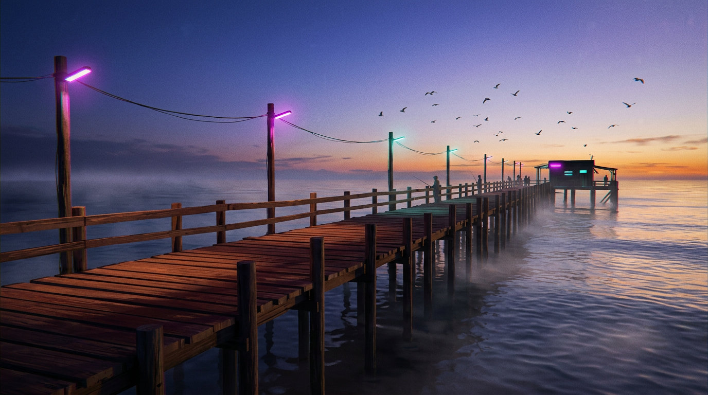 Píer ao amanhecer · ao entardecer